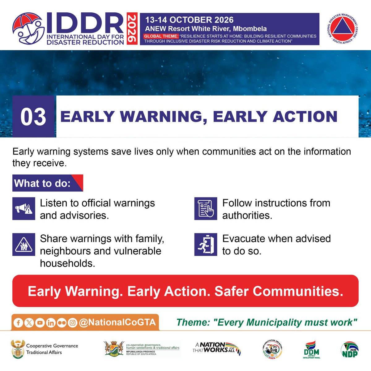 NationalCoGTA's tweet photo. An early warning helps when we act on it. Follow official alerts, share them with family and neighbours, and follow instructions from authorities. 

@SAWeatherServic 

#IDDRR2026 #StayPrepared #DisasterAwareness https://t.co/Idqq5cCb8d