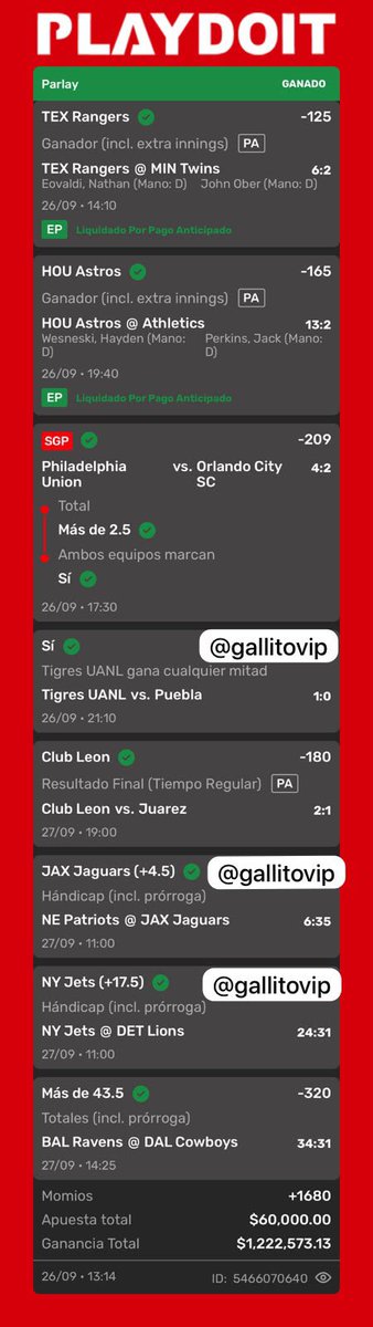 GallitoVip's tweet photo. Que los momios culeros , que los parleys protegidos , que los mil intentos de bombas 

Señores , disfrutar y ganar desde el estadio, ganar 25 parleys de 1,000,000 y apasionarme por el mundo con el deporte es lo que más disfruto 

Este soy yo haciendo lo que me gusta y llevando a ustedes una parte de ello 🫂

Para muchos mi manera de apostar no es la correcta para mí es la que me ha funcionado y mientras me apegue a mi metodología seguiré disfrutando ❤️