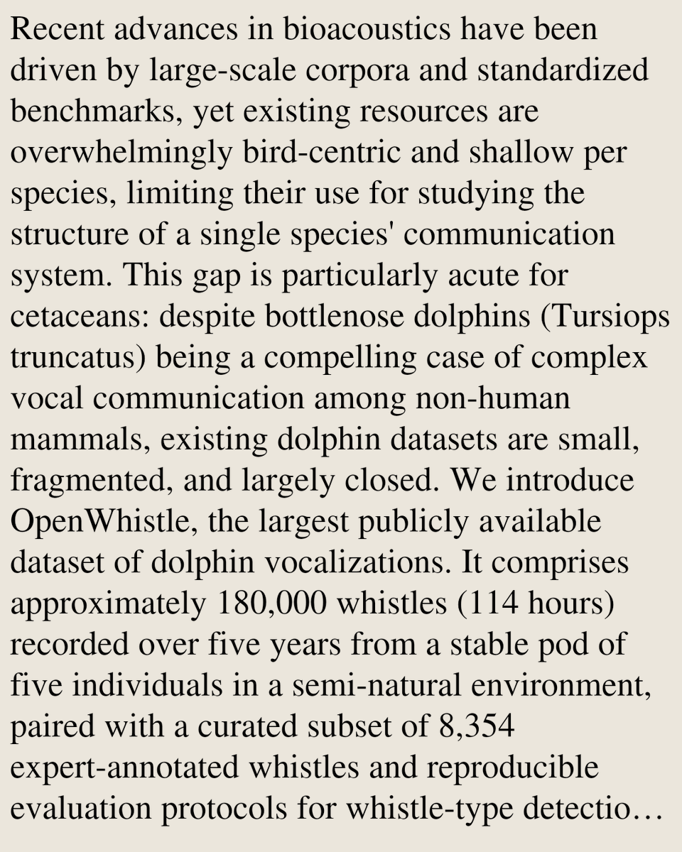 HEI's tweet photo. OpenWhistle: A Large-Scale Longitudinal Dataset and Benchmark of Bottlenose Dolphin Vocalizations

Faadil Mustun, Chiara Semenzin, Roberto Dessi, Pablo Robin Guerrero, Pierre Orhan, Alexis Emanuelli, Emanuele Rossi, Yair Lakretz, …
https://t.co/Pa7alXKd9S [𝚌𝚜.𝙲𝙻] https://t.co/ARE3vZGbmt