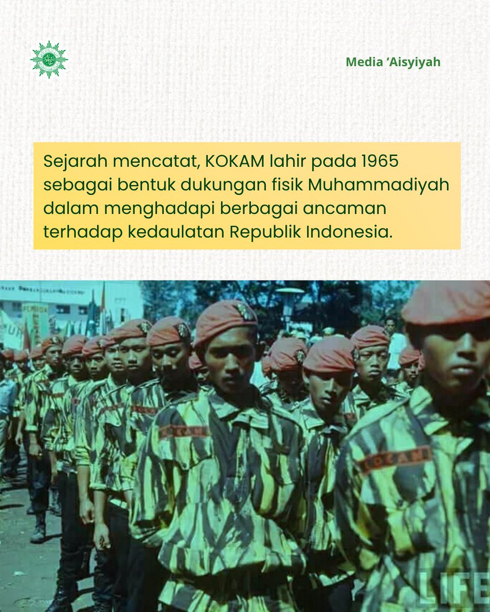 PPAisyiyah's tweet photo. Di balik perjalanan bangsa pada 1965, Muhammadiyah turut mengambil peran. Dari keresahan kader terhadap situasi bangsa, lahirlah KOKAM (Komando Kesiapsiagaan Angkatan Muda Muhammadiyah) sebagai wujud kesiapsiagaan dan pengabdian dalam membela negara. https://t.co/dgycQOQvx6
