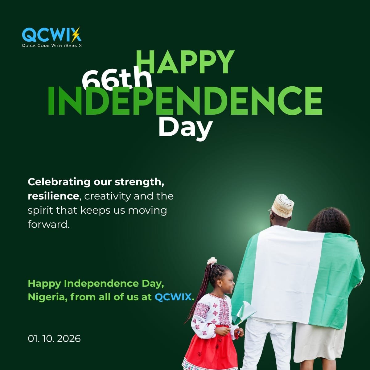 qcwix's tweet photo. 66 years of strength, resilience and unstoppable spirit! 🇳🇬✨

We are proud to be Nigerian. We are proud to build for Nigeria.

Happy Independence Day from all of us at QCWIX 💚

#NigeriaAt66 #IndependenceDay #Nigeria #QCWIX #MadeInNigeria #NaijaTech #October1st #GreenWhiteGreen https://t.co/RtxoXXpTw1