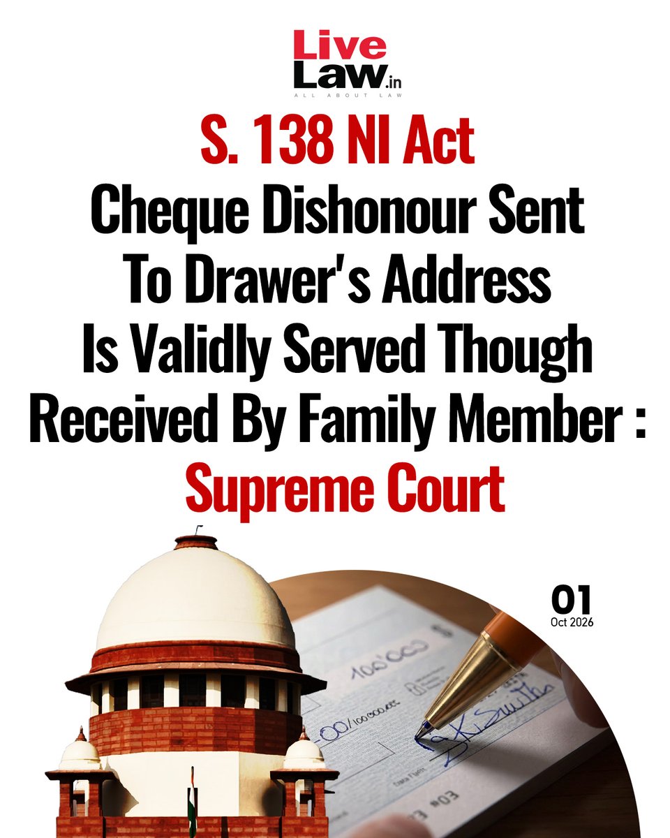 LiveLawIndia's tweet photo. The requirement of 'giving of notice' stands complied with once the notice is dispatched to the correct address, the Court explained.
Read more: https://t.co/avFZveROpH
#SupremeCourt #NegotiableInstrumentsAct #NIAct https://t.co/FW6NPmZiqi