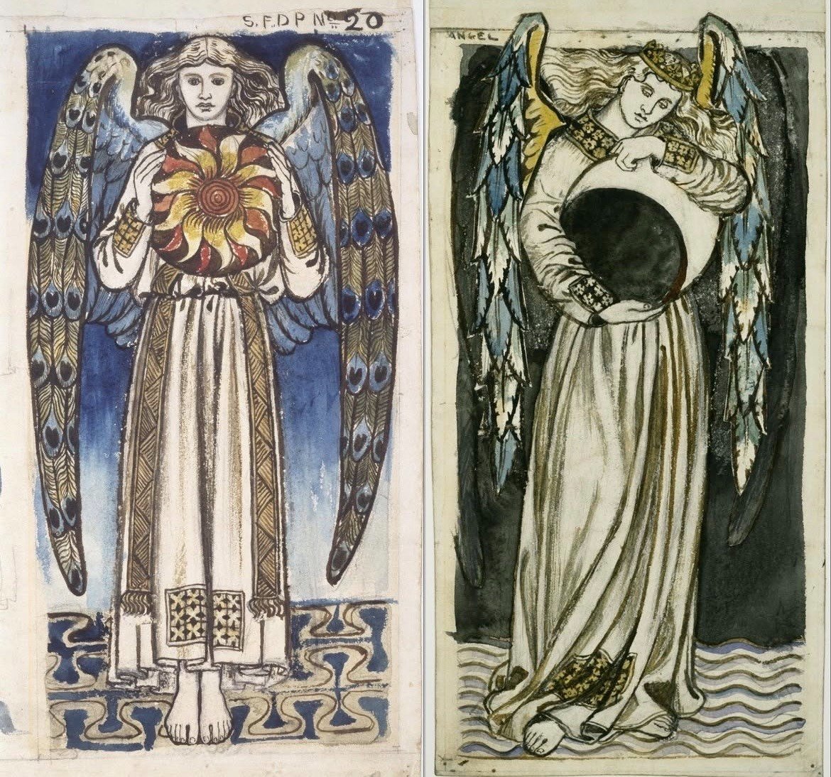 ArtorOtherThing's tweet photo. Day: Angel Holding a Sun and Night: Angel Holding a Waning Moon by William Morris, 1862-64 https://t.co/SlufDA7GF2