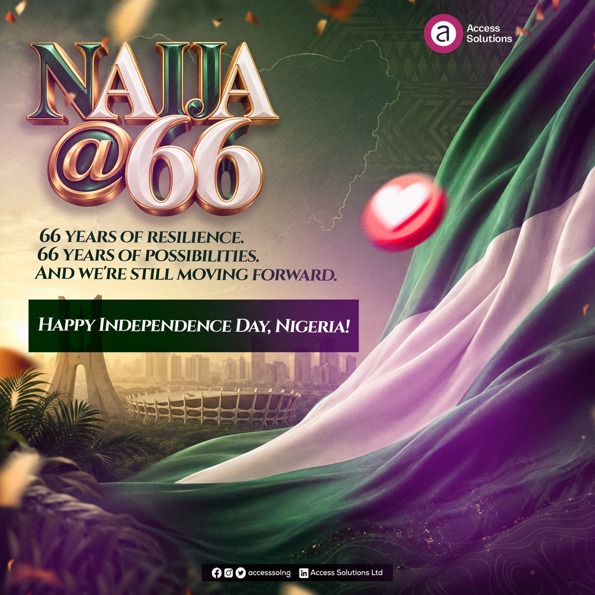 accesssolng's tweet photo. 66 years of resilience.

66 years of possibilities.

And we’re still moving forward. 

Happy Independence Day, Nigeria! 

#happyIndependenceday #nigeria@66 #independenceday #nigeria #naija #october1st #proudlynigerian #newmonth https://t.co/YAlbvjVfUI
