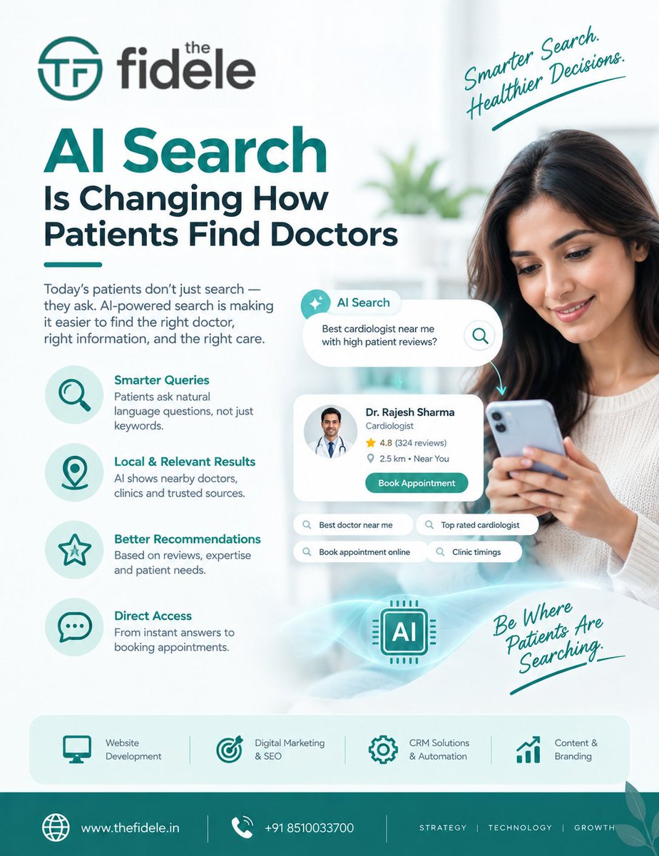 FideleDigital's tweet photo. AI-powered search can change how people discover healthcare information and providers. 

Stay visible. Stay useful. Stay ready for the future of search. 🚀

#AISearch #HealthcareSEO #AIHealthcare #HealthcareMarketing #DoctorMarketing #DigitalHealthcare #TheFidele https://t.co/U2UYNHXcAd