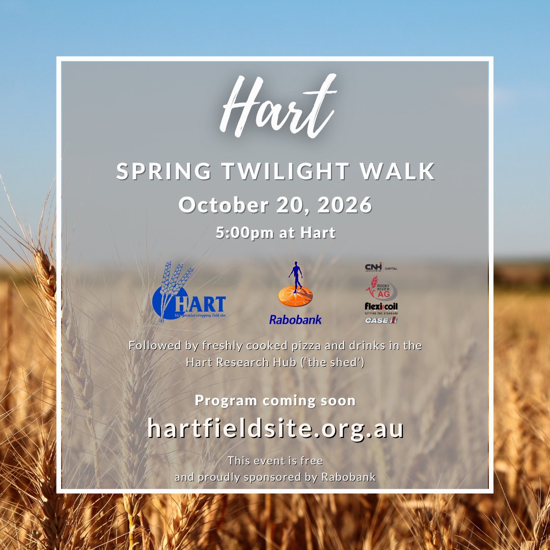 HartFieldDay's tweet photo. 🌾 SAVE THE DATE | Hart Spring Twilight Walk
📅 Tues 20 Oct 2026, 5pm.

Join us for timely pre-harvest info, practical takeaways + complimentary beer &amp; pizza 🍕🍻

FREE thanks to Rabobank.

👀 Full program + free registrations open next week! https://t.co/m9fWTfg7WX
