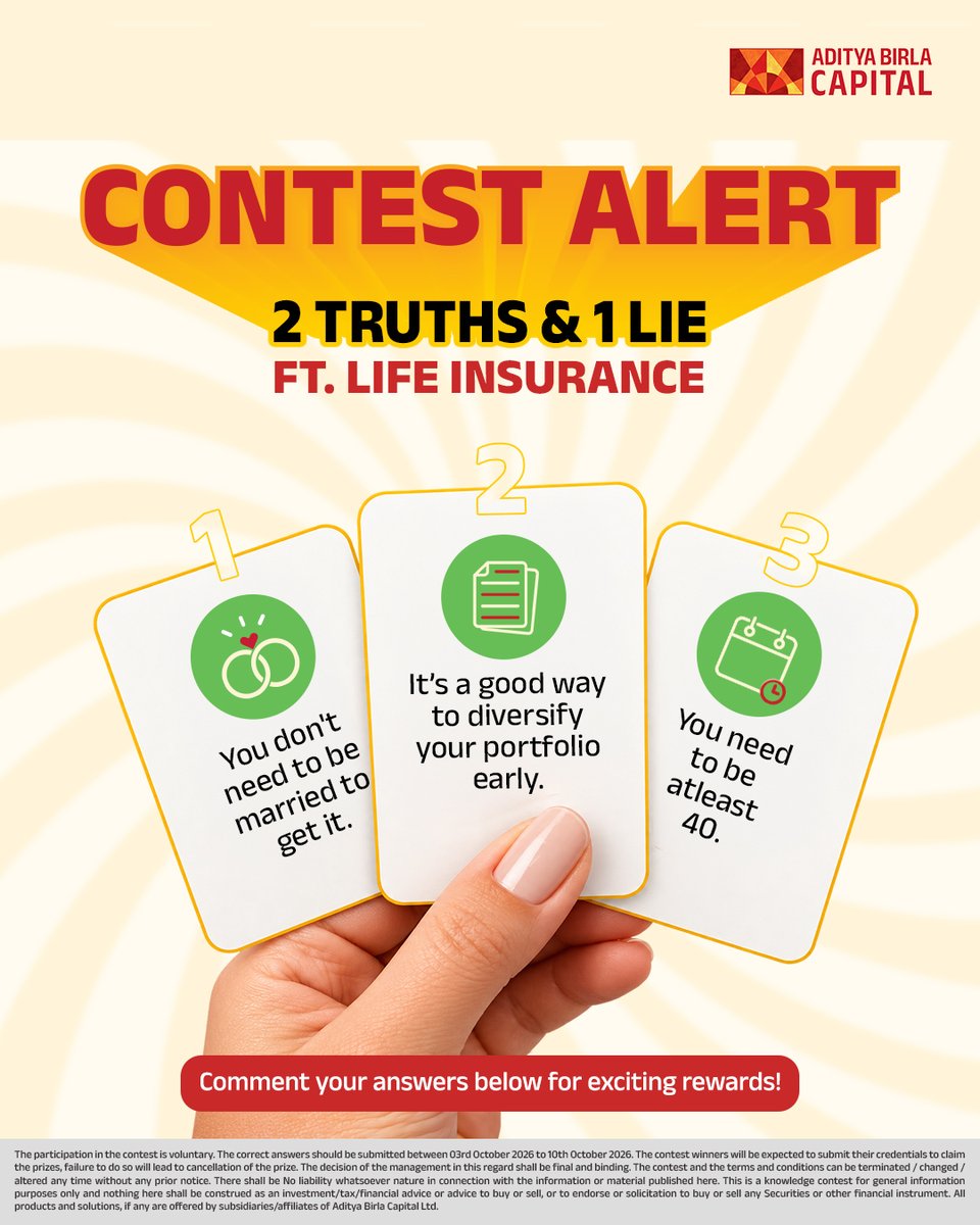 abcapital's tweet photo. Think you’ve spot the lie? 👀​

Comment your answer below and stand a chance to win something exciting!​

Here’s how to participate: ​

1) Follow @abcapital  ​
2) Like this post and comment your answer below with @abcapital and #AdityaBirlaCapital​
3) Tag 3 friends ​

#MoneyMatters #FinancialPlanning #BudgetSmart #Contest #AdityaBirlaCapital