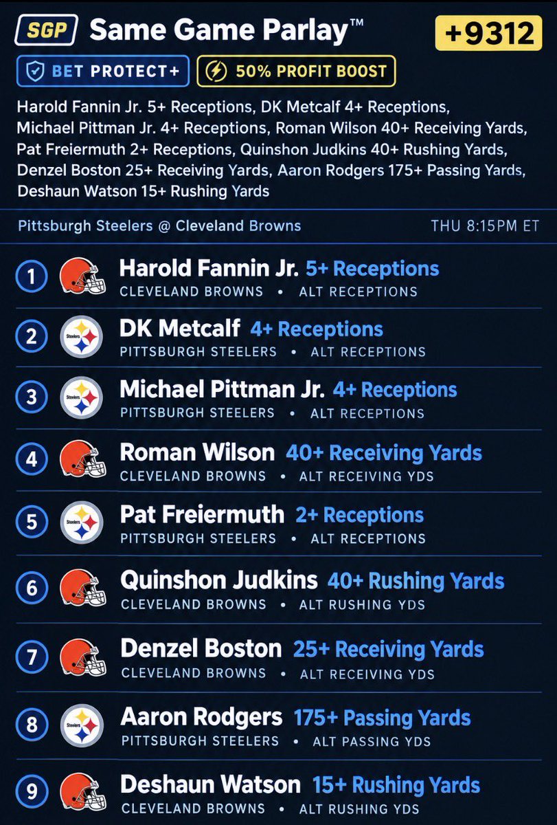 DGoatparlays's tweet photo. THURSDAY NIGHT NFL BANGER 🏈

FANNIN JR. • METCALF • PITTMAN JR. • WILSON • FREIERMUTH • JUDKINS • BOSTON • RODGERS • WATSON https://t.co/xlBSitQwtP