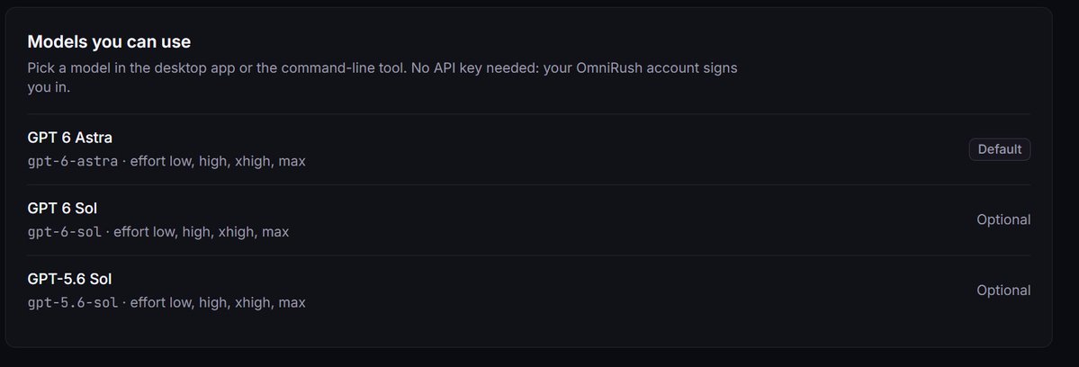 chanikyaindian's tweet photo. 🚨15M TOKENS ON OMNIRUSH

Just got 10M tokens on OmniRush for signing up
Available models:

• GPT-6 Astra
• GPT-6 Sol
• GPT-5.6 Sol

And there’s a 5M token referral bonus 🔥
Sign up using my link + use OmniRush for at least 1 day

Total 15M tokens.
https://t.co/y9jvAmTACJ https://t.co/a38iCYNqil