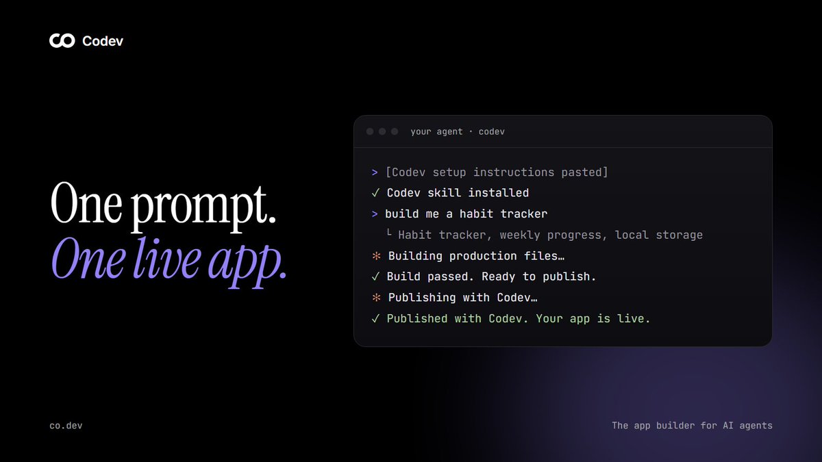 codotdev_'s tweet photo. What it looks like in practice:

• paste the Codev prompt into Claude Code
• "build me a habit tracker"
• build passes
• published to a live URL

One prompt. One live app. The rest is taken care of. https://t.co/Dp07VbT9SY