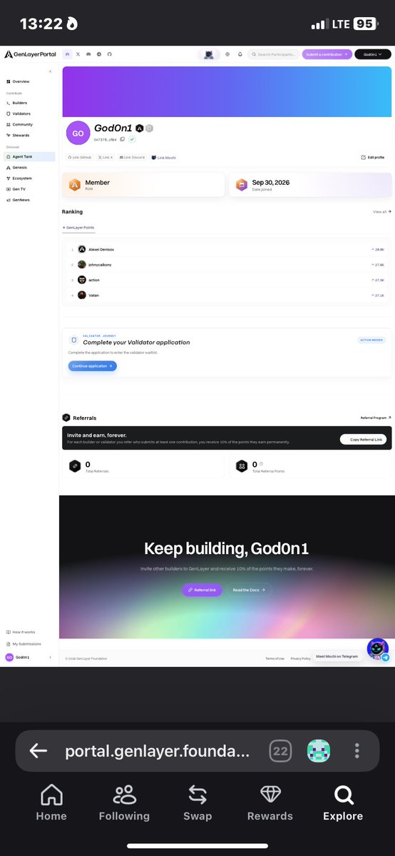 God1stsun's tweet photo. I used to think a crypto leaderboard was mostly about the number beside your name.

The @GenLayer Portal changed how I look at it.

The interesting part is that the number has a trail behind it. Your X, Discord and GitHub can be linked, your contributions are tracked against your name, and the Portal shows what that work was worth.

Builders, community members and validators all show up in the same ecosystem, so you are not just looking at a score. You can see the work that produced it.

That is why the Portal feels less like another crypto dashboard to me and more like a work log with a scoreboard attached.

If you opened it today, what would you want your first contribution to be?

https://t.co/RYYikuINmZ