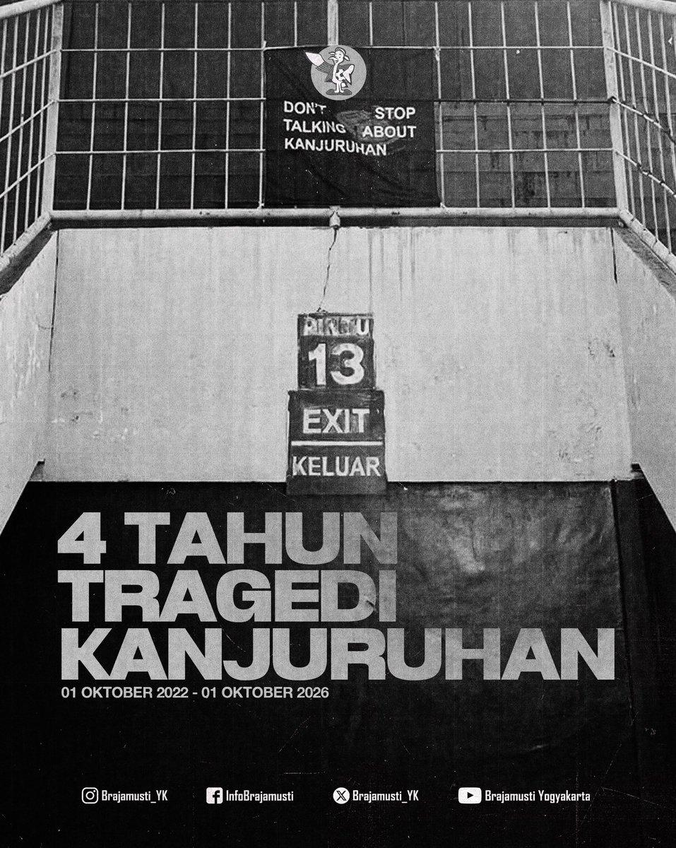 Brajamusti_YK's tweet photo. Empat tahun berlalu, tapi riuh malam itu tak pernah benar-benar redup di ingatan. 135 jiwa bukan sekadar angka, mereka adalah cerita, keluarga, dan cinta yang terenggut begitu saja. Doa kami terus mengalir untuk seluruh korban dan keluarga yang ditinggalkan. 🕯️🕊️

#JusticeFor135 https://t.co/MnkLPDC23Q