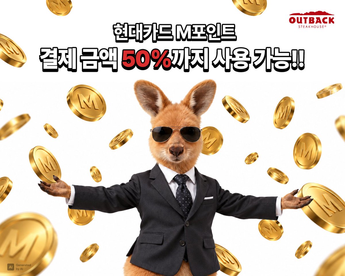 outback_korea's tweet photo. 현대카드 쓰시는 분?
그동안 모아뒀던 포인트 이제 꺼낼 때가 됐습니다.

결제 금액의 무려 50%까지 현대카드 M포인트 사용 가능 ‼️

10월 한 달간 왕큰 혜택주는데 아웃백 안 갈 수가 없다.

(※ 15만 원 결제 시 7만5천 M포인트까지 사용 가능)

🎁RT+팔로우 = 아웃백 디지털 기프트카드 2만원 권(5명)