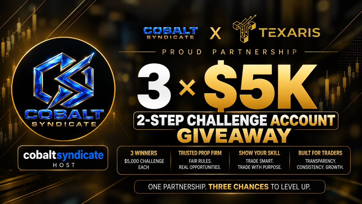 zaber_trades's tweet photo. 🎁 3 × $5,000 TEXARIS GIVEAWAY! 🎁

✅ Like, repost &amp; Tag 3 friends
✅ Follow @cobaltsyndicat , @texarisofficial @zaber_trades @Jalo_Trader
@Dan_BabaFX
✅ Subscribe to Texaris on YouTube (MANDATORY) (https://t.co/ofXxFU3w9T)
✅ Drop screenshots showing proofs and join Discord https://t.co/VabFHyoTUY