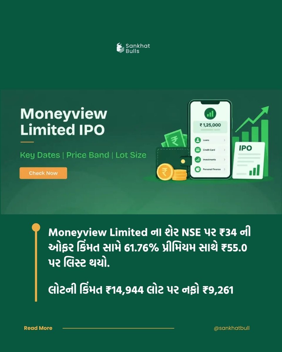 Sankhatbulls's tweet photo. Money View IPO

લાઈક | કોમેન્ટ | ફોલૉ | શેર - ⁣⁣⁣
@sankhat_bulls

#IPOAlert 
#Moneyviewipo
#NSE 
#StockMarket 
#ListingGains 🔥💹 https://t.co/43bnEvpmKx