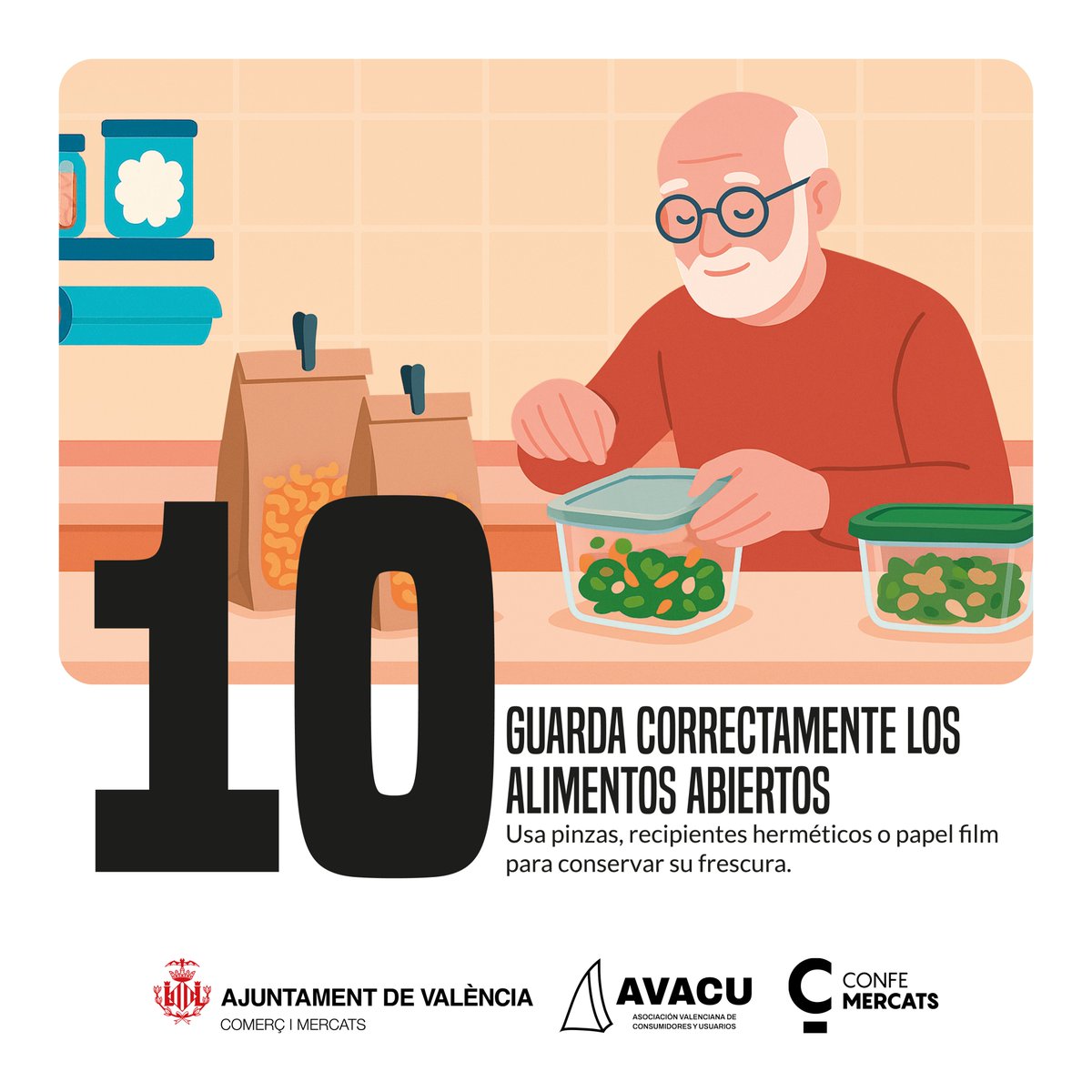 AVACUconsumo's tweet photo. Arrancamos #octubre y seguimos con consejos para reducir el #desperdicioalimentario en nuestras casas. 

Octubre: guarda correctamente los alimentos abiertos🍲

#CalendarioAVACU2026 
👉https://t.co/obIJ1aJMdb

@AjuntamentVLC @confemercats https://t.co/Zh8Bpjzgty
