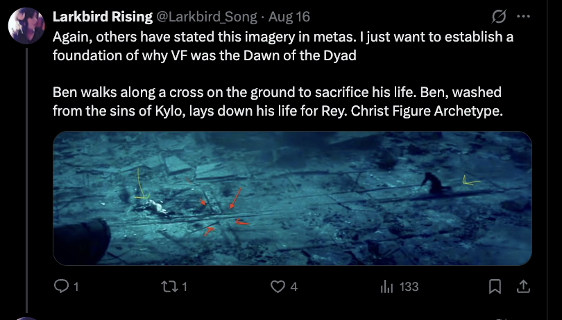 Larkbird_Song's tweet photo. Reminder: Rey goes to the abyss, is held up in a CROSS-position over Kylo, &amp; resurrects, is proclaimed the Jedi as she lifts rocks off the TOMB.  Then Ben becomes the Christ figure for HER. 

Death &amp; RESURRECTION. Full-circle Christ archetypes for each other. Ben will resurrect. https://t.co/A23XMjXEbe