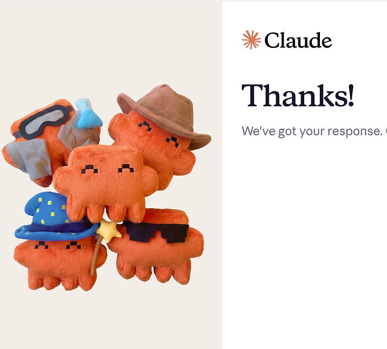 hqmank's tweet photo. Claude is giving away free plushies.

Go to https://t.co/GX84b3uQEA, click terminal, then type:

/plushies for a random plushie
/stickers for a sticker pack

Worth a try if you're into it. https://t.co/H86fB46AMw