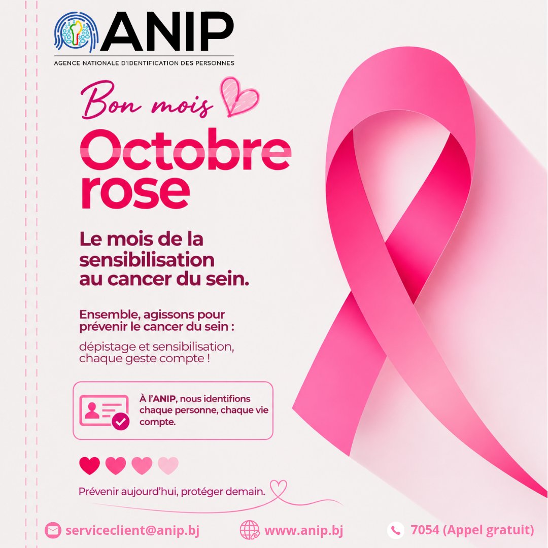 BeninANIP's tweet photo. 🎀 Bon mois d’Octobre Rose

L’ANIP se joint à la mobilisation nationale contre le cancer du sein.

À l’ANIP, nous identifions chaque personne…  
parce que chaque vie compte.

Prévenir aujourd’hui, protéger demain. 💗
7054 (appel gratuit)  

#ANIP #OctobreRose https://t.co/1d88zbVsWd