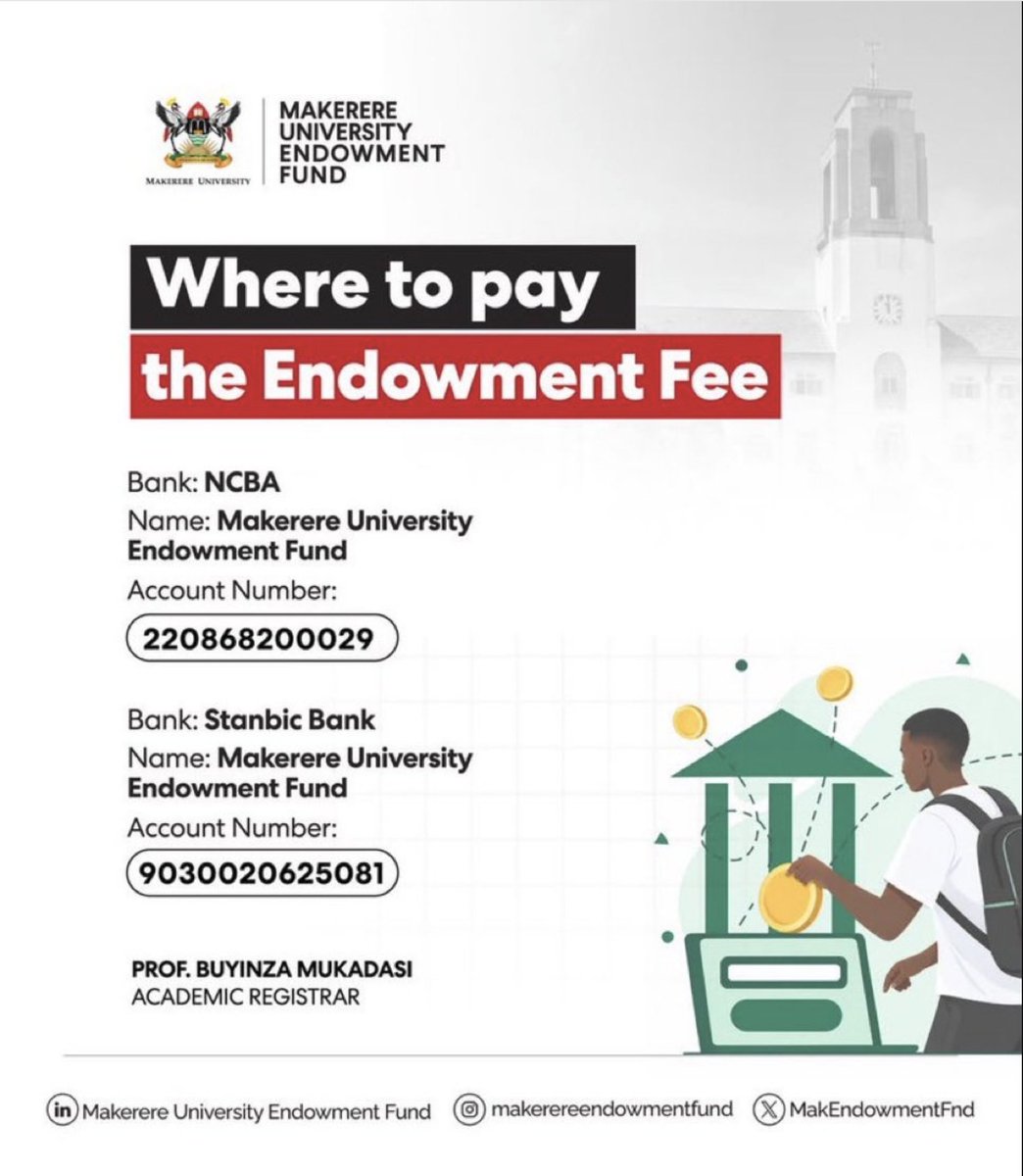 DICTSMakerere's tweet photo. Where To Pay Endowment Fees:
Payment of endowment fees (UGX 18,000) was supposed to be done by generating a PRN within your portal.
This isn't possible now until we sort out a few configuration issues.
Make your payment via the listed banks.
#endowmentfees #ictsupport #students https://t.co/SqUFsXtR2G