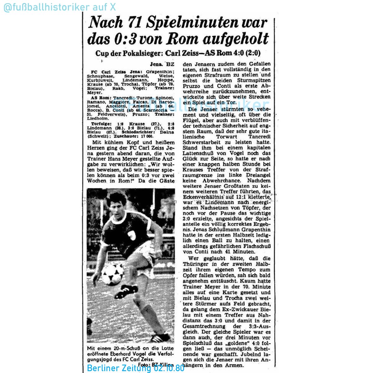 FussballDdr's tweet photo. 📌 01.10.80

Jenas Sternstunde: Der @fccarlzeissjena dreht nach dem 0:3 bei @ASRomaEN das UEFA-Cup-Duell.

Vor 16.000 Zuschauern gelingt zuhause die Wende.
Am Ende steht ein 4:0 – zwei Tore erzielt der eingewechselte Andreas Bielau.

Das Spiel bleibt als Jenas legendärstes in Erinnerung.

#DDRFußballkalender #DDR #Oberliga #Fußballgeschichte #CarlZeissJena #ASRomaEN #UEFACup