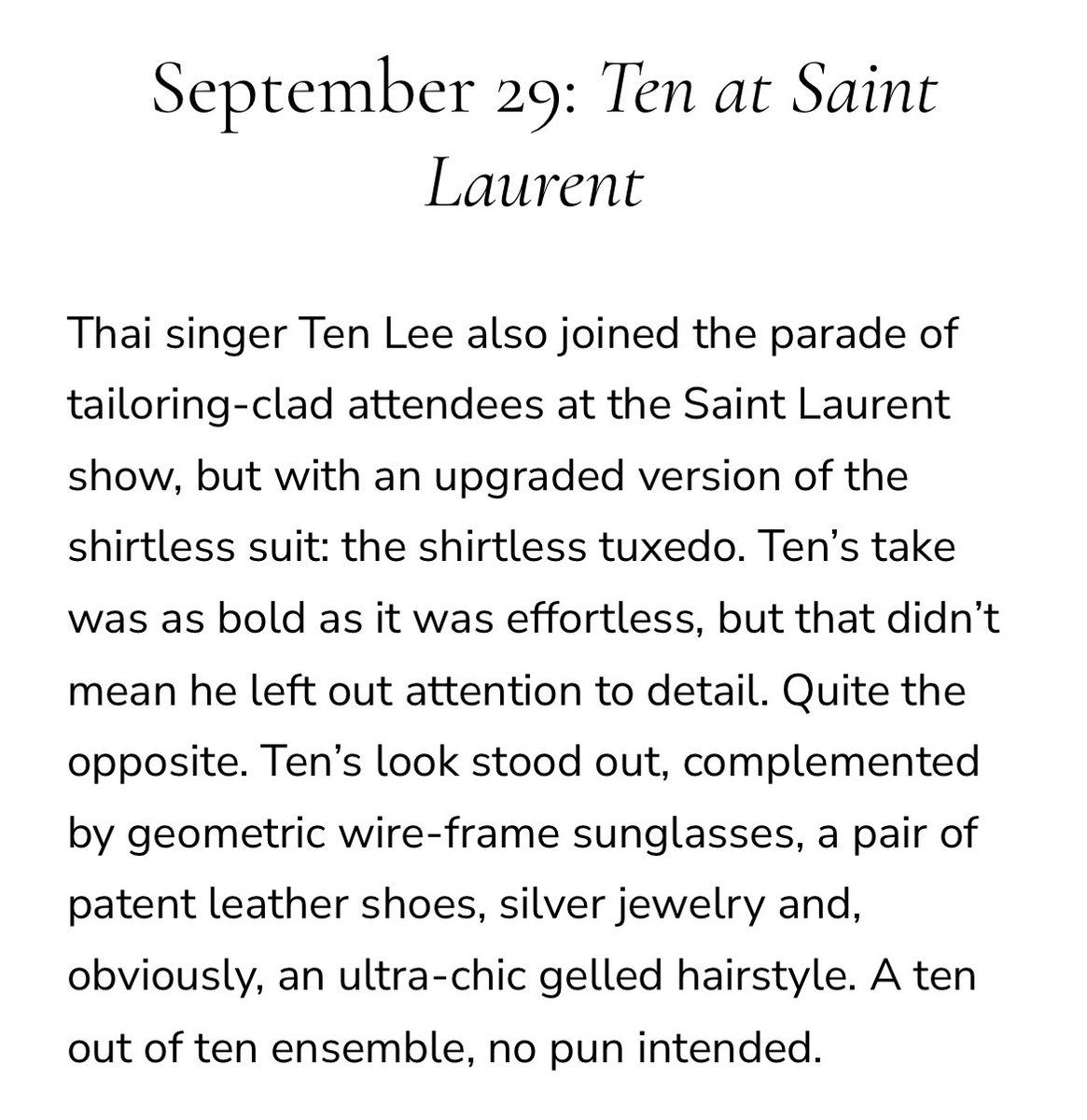olalacool's tweet photo. The Best Celebrity Style at Fashion Week Spring/Summer 2027

September 29: Ten at Saint Laurent

"A ten out of ten ensemble, no pun intended."
🔥🔥🔥
TEN AT SAINT LAURENT SUMMER27  #TENforYSLPFW27 #Saintlaurentxten https://t.co/h8HQgCsyD5