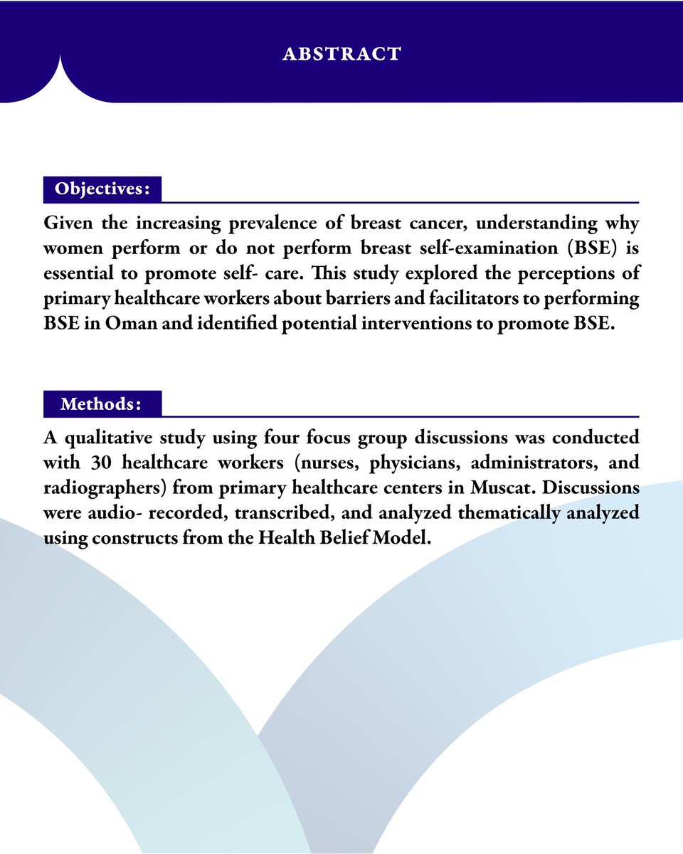 OMJournal's tweet photo. Original article title: "Barriers and Facilitators to Breast Self-examination in Oman: A Qualitative Study of Primary Healthcare Workers’ Perceptions".
To read the full article visit: https://t.co/QPEgNeEjGB https://t.co/e9pvpPQLDs