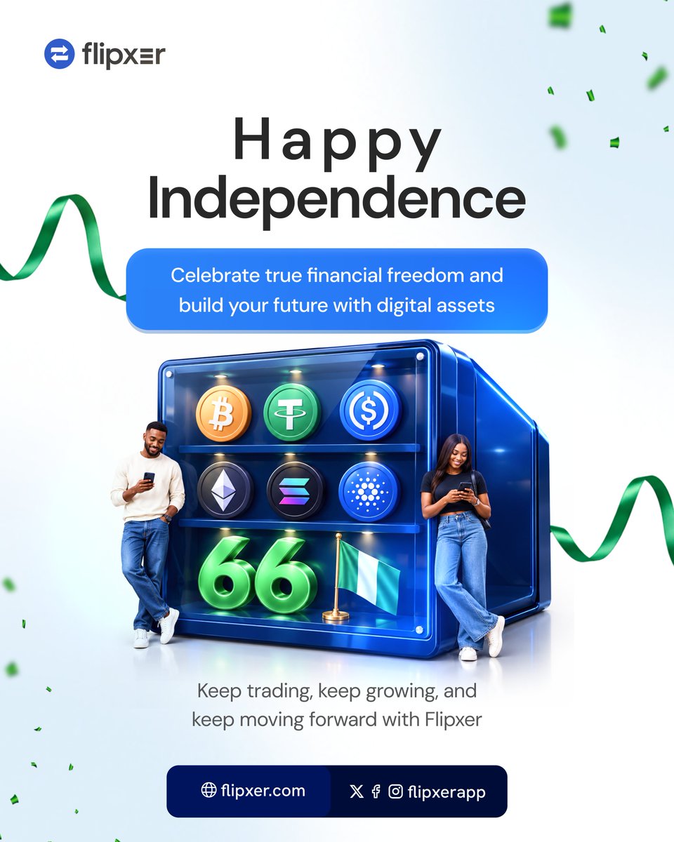FLIPXERAPP's tweet photo. Happy Independence Day, Nigeria! 66 Years Strong.

Here's to freedom, growth, and true financial independence.

Keep trading, keep growing with Flipxer. https://t.co/u8mGibmBpi