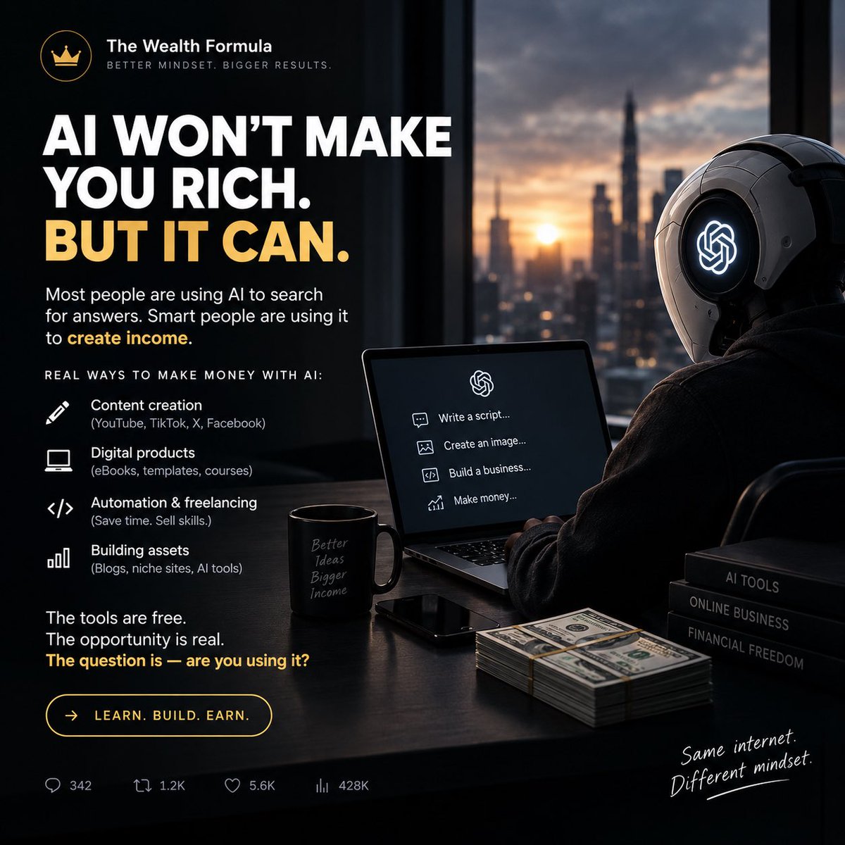 solCher0's tweet photo. 🚨 AI won’t make you rich.

But knowing how to use it might give you an unfair advantage.

Most people use AI to:
→ write emails
→ summarize articles
→ make memes

Others use it to:
→ create content
→ automate work
→ build digital products
→ sell services
→ build online businesses

The technology is available to everyone.

The difference is what you do with it.

Don’t just use AI. Build with it.

Follow if you want to turn AI into an income-producing skill. 🤖💰