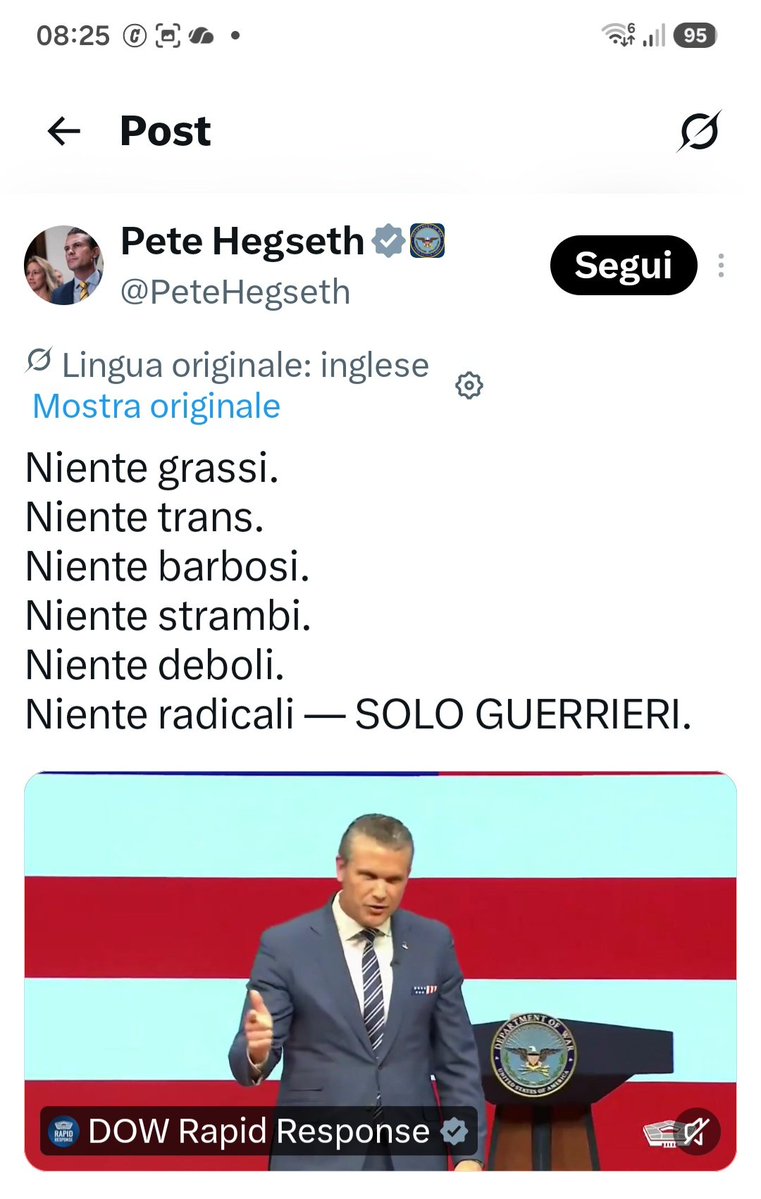 TizianaFerrario's tweet photo. Questo è Pete #Hegseth il ministro della guerra di #Trump e sotto c'è la sua idea di come debba essere composto  l'esercito USA.Manca il test del testosterone di cui però già parlato. Un mondo basato sulla forza fisica. Ce n'è abbastanza da farci tremare pensando al nostro futuro. Del resto il caos, le guerre e la paura stanno segnando le nostre vite. E questa sarebbe " l'età dell'oro" promessa da Trump