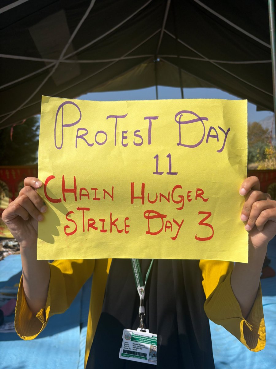 JKFSA_'s tweet photo. DAY 11

Today marks the third day of the chain hunger strike. Despite the continued absence of an official delegation or engagement from the concerned authorities, students remain peaceful, united and steadfast in their pursuit of a formal resolution.

Eleven days have passed, but our resolve has only grown stronger. The lack of response has not diminished our determination; we continue to stand with dignity and remain committed to a peaceful and lawful course until our demands receive due consideration.

@OmarAbdullah @dcganderbal @PCCFANDHOFF_JK @sakinaitoo @JatinKishore7 @JavedRanaa @Sunil_SharmaBJP @ANI @GreaterKashmir @RisingKashmir @GulistanNewsTV @Gbl_Police @javeddar786 @JKNC_ @jkpdp
 
#Day11 #ChainHungerStrike #ForestryStudents #ForesterRecruitment #ForestryHasAPlace