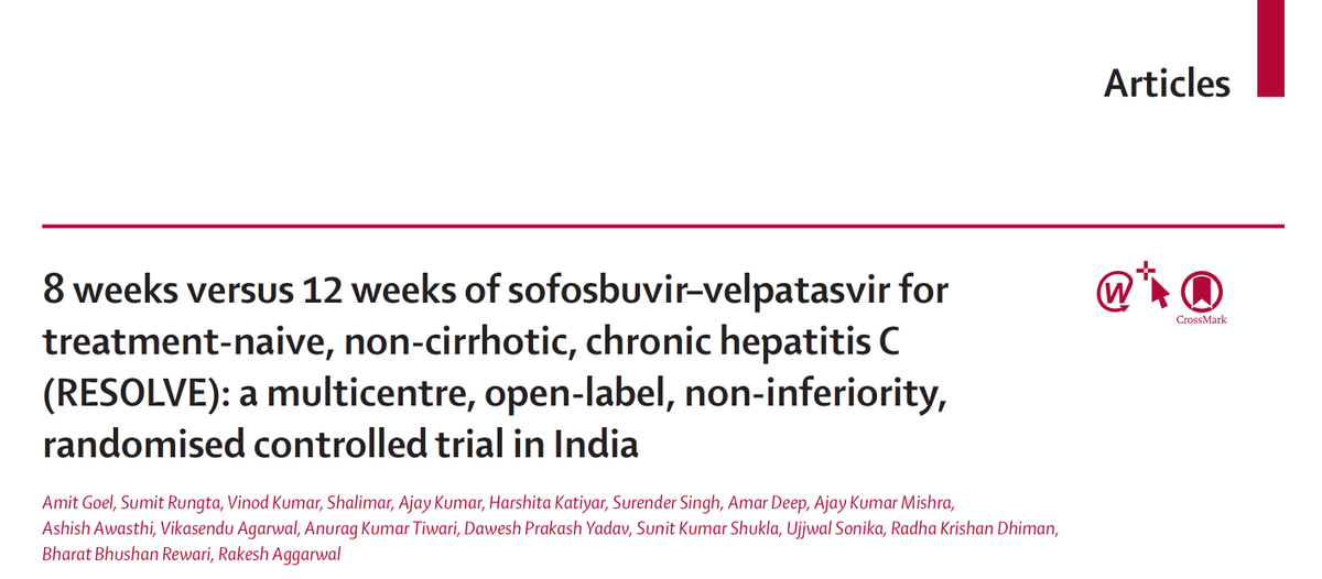 drshalimar's tweet photo. 8 weeks for #HCV?
In RESOLVE, 8 weeks of sof/vel was non-inferior to 12 weeks in treatment-naive adults without cirrhosis (SVR12: 98.8% vs 99.0%). @ Amit Goel @aiims_newdelhi @SGPGI @kgmu_medical @INASL_Liver @TheLancet
https://t.co/eoACtdZx3i https://t.co/zrCQBfOG6d