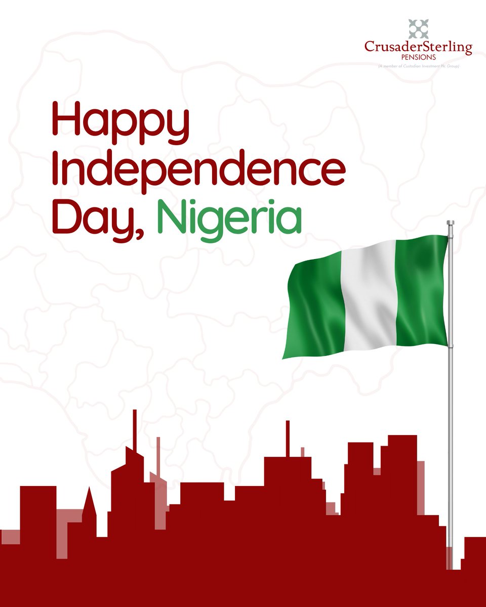 CSPensions's tweet photo. Happy Independence Day, Nigeria!

Today, we celebrate the resilience, strength and spirit that make Nigeria unique. May we continue to build a nation filled with greater opportunities, prosperity and a brighter future for generations to come.

Here’s to a stronger Nigeria and a future we can all be proud of.

Happy Independence Day!

#CrusaderSterlingPensions