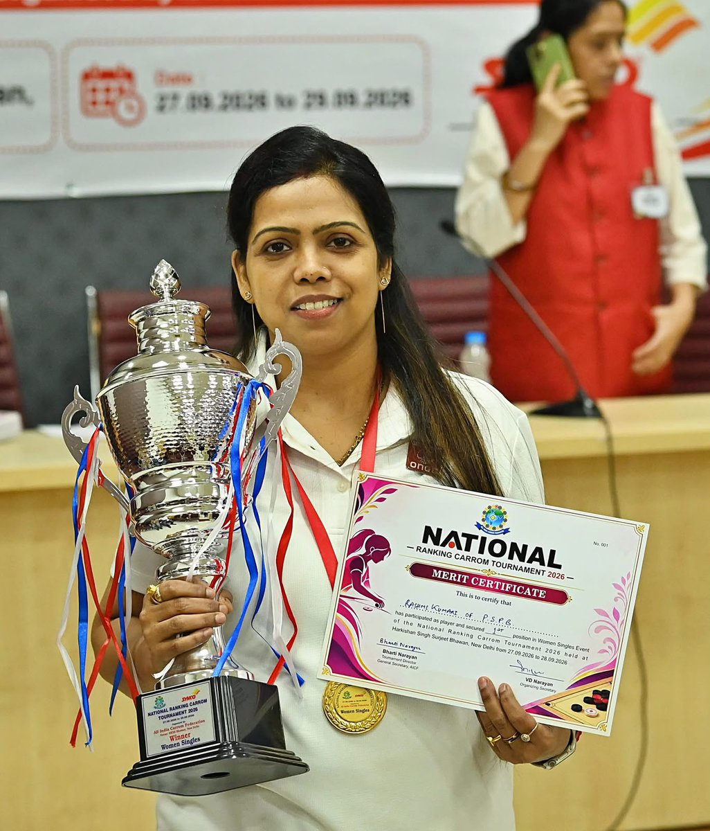 ONGC_'s tweet photo. #PrideOfONGC @RashmiCarrom reaffirmed her dominance in Indian carrom, clinching the women’s title at the National Ranking Carrom Tournament, emerging on top from a strong field of 95 players.
In a commanding final, Rashmi defeated Mantasha Iqbal of Uttar Pradesh 24–7, 25–15, after battling past Samruddhi Ghadigaonkar in a gripping three-game semifinal.
The triumph also places Rashmi among the top four players set to represent India at the 9th Carrom World Championship in Italy this November.
Another title. Another shot at World glory. Another proud moment for #ONGC!
#EnergyNowAndNext #YouAreEnergy
@PetroleumMin | @HardeepSPuri | @OfficeofHSP | @TheSureshGopi | @Secretary_MoPNG | @neerajmittalias | @Media_SAI | @KheloIndia | @YASMinistry