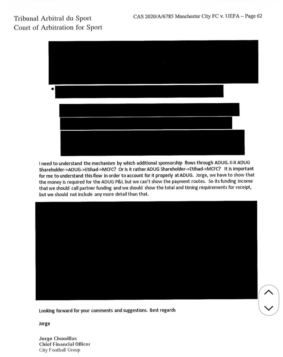themagic_tophat's tweet photo. This was one of JUST SIX emails that Man City provided as evidence at CAS. They were ordered to hand over EVERYTHING (thousands) but they refused and Uefa allowed it, thereby throwing their case.

However, you can see how much City redacted.

The PL made sure they got it all. https://t.co/pRAPGsBODw