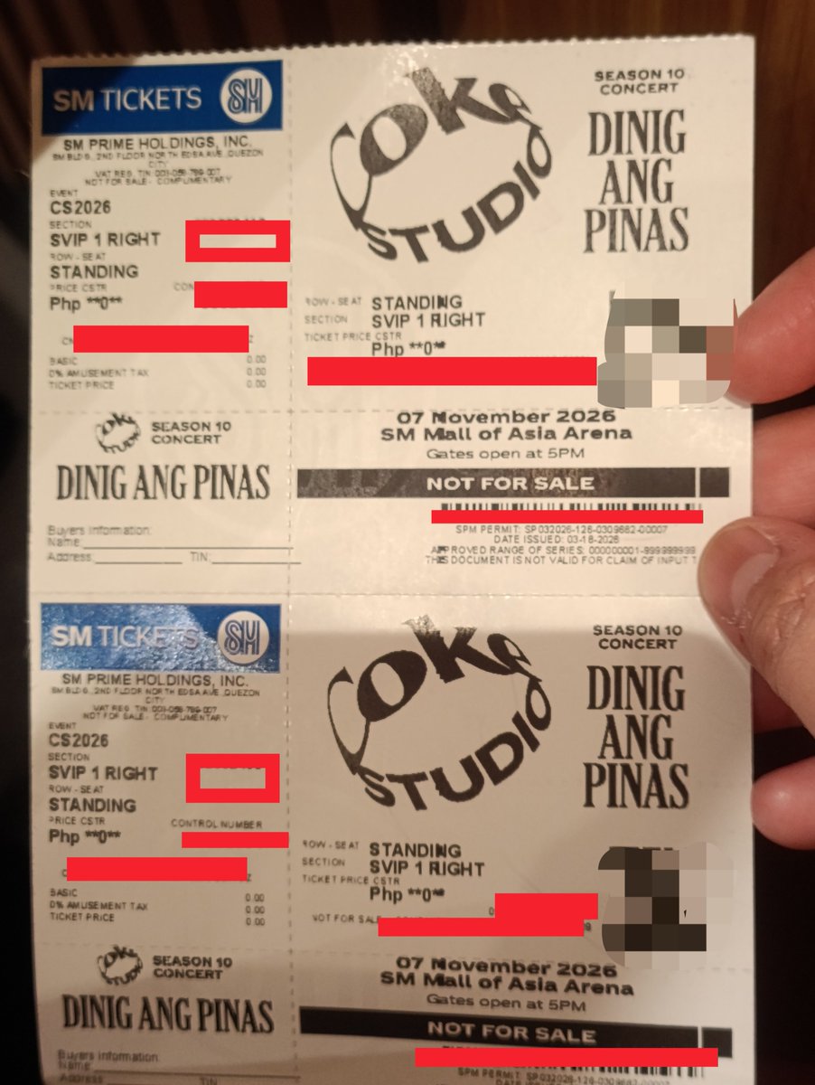 mikharius_'s tweet photo. WTS/LFB  COKE STUDIO TICKET 

2 pcs SVIP 1 Right
3.5k EACH
6k for both na
Physical tickets on hand

📍Meetup: SM North/Trinoma or around Montalban

DM po if interested/sure buyer 🫶

#wtslfb #BINI  #AlJames #KZTandingan #Ben&amp;Ben #cokestudio #cokestudioseason10 https://t.co/nWnZJshXBN