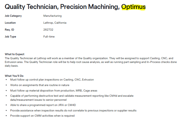 A job listing for 'Quality Technician, Precision Machining, Optimus' at Lathrop, California (Req. ID 262732), detailing responsibilities in manufacturing support and quality checks.