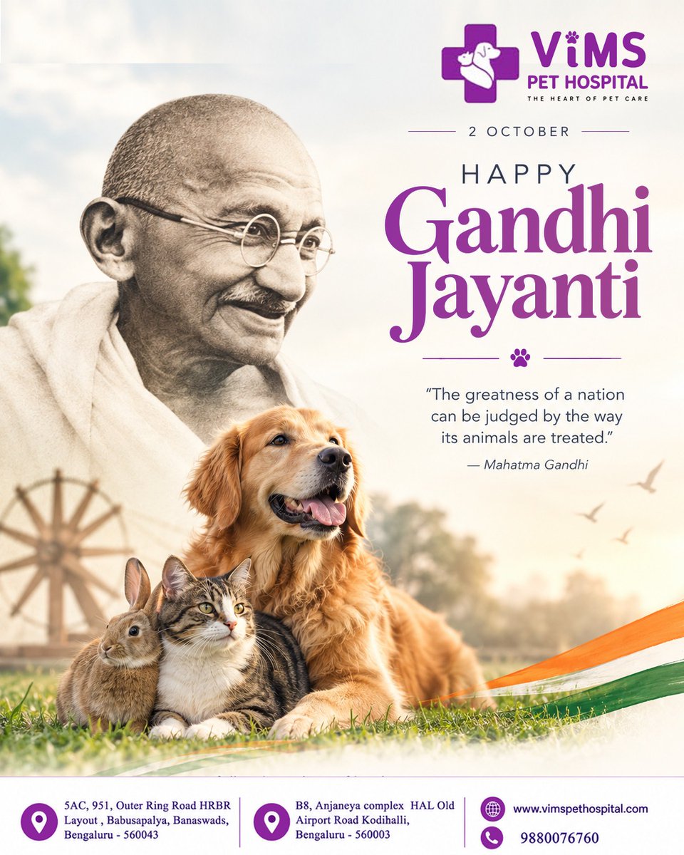 vimspethospital's tweet photo. On Gandhi Jayanti, let compassion extend to every living being.
This Gandhi Jayanti, let’s choose kindness for every paw, every whisker, and every life.

VIMS Pet Hospital �� The Heart of Pet Care.

#GandhiJayanti  #VIMSPetHospital #PetCare #PetLovers #AnimalWelfare #BengaluruPets https://t.co/8KHTXRQGBo