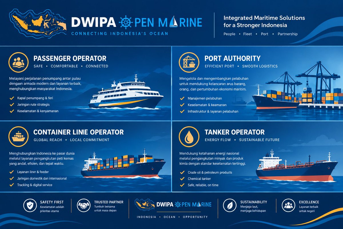 DwipaOpenMarine's tweet photo. Sukses dunia maritim mendorong lahirnya penciptaan barang dan jasa, mewujudkan kemaslahatan ekonomi dengan menghubungkan orang, pelabuhan, dan barang. 

Bisnis ini menciptakan lapangan kerja yang luas dan layak di bidang pelayaran, logistik, pelabuhan, dan transportasi. 🌊🚢 https://t.co/lKufq4Cpea