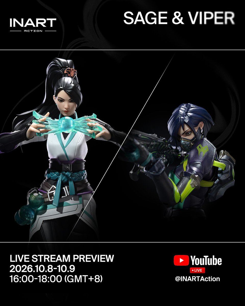 INART_Official's tweet photo. INART Action - VALORANT - Viper &amp; Sage 1/12 Action Figures

Pre-order begins: October 7, 2026, 18:00 GMT+8
RSVP: https://t.co/qIjA4YvNFN
RSVP: https://t.co/pMWJzZptRt

Viper and Sage are coming:
Oct 8 - Oct 9, 2026 | 16:00-18:00 GMT+8
YouTube: https://t.co/uDhcO5j6Bk
#INARTAction https://t.co/4WR2eLhDdZ