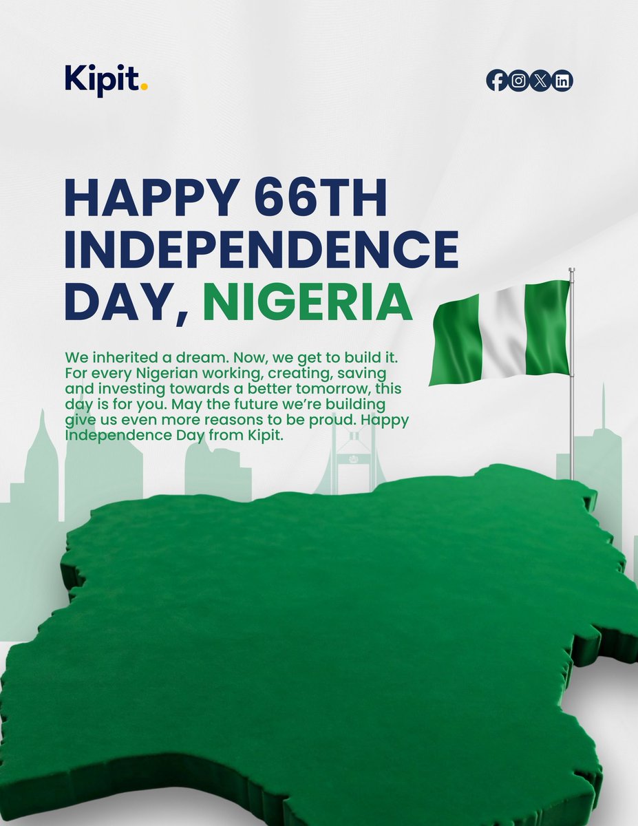 mykipit's tweet photo. Naija, we celebrate you today! 🇳🇬💚

From the strength of our people to the hope we carry for a better tomorrow, there is so much to be proud of.

Wishing you a joyful, peaceful, and proudly Nigerian Independence Day. 🇳🇬

Happy Independence Day from all of us at Kipit! 💚

#IndependenceDay #Nigeria #October1st #Kipit