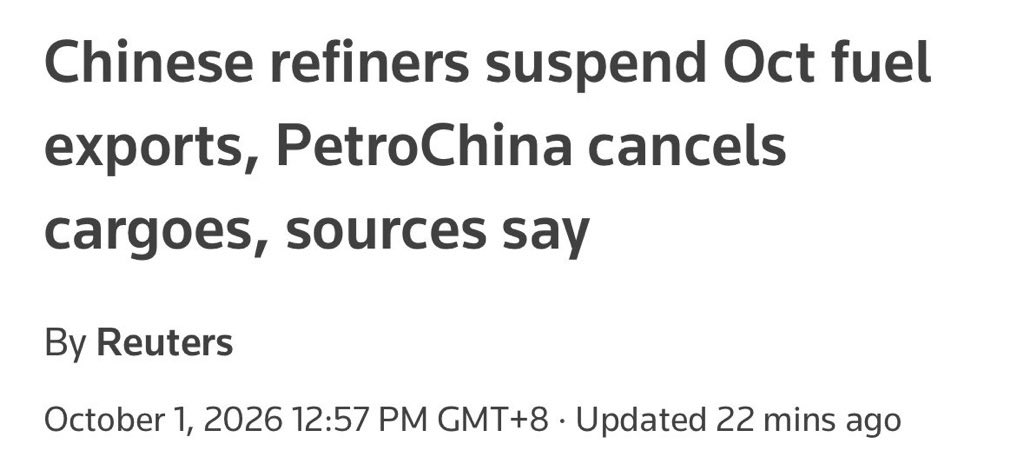 Kathleen_Tyson_'s tweet photo. China and India both cancel diesel and jet fuel exports the same day? 

No one is ready for the crisis coming. https://t.co/ISpLFYhD65