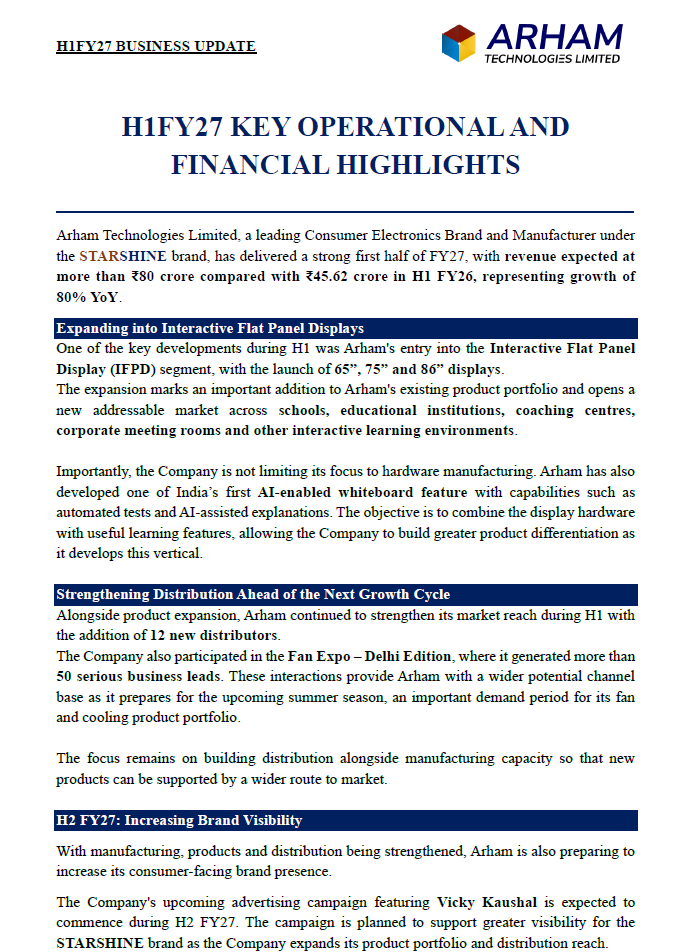 Merlin_Capital's tweet photo. We're happy to share the H1FY27 Operational and Financial Update of our client, Arham Technologies Limited, which has delivered a strong first half with revenue expected at more than ₹80 Cr, compared with ₹45.62 Cr in H1FY26, representing 80% YoY growth. https://t.co/U6Z7pYHsp5