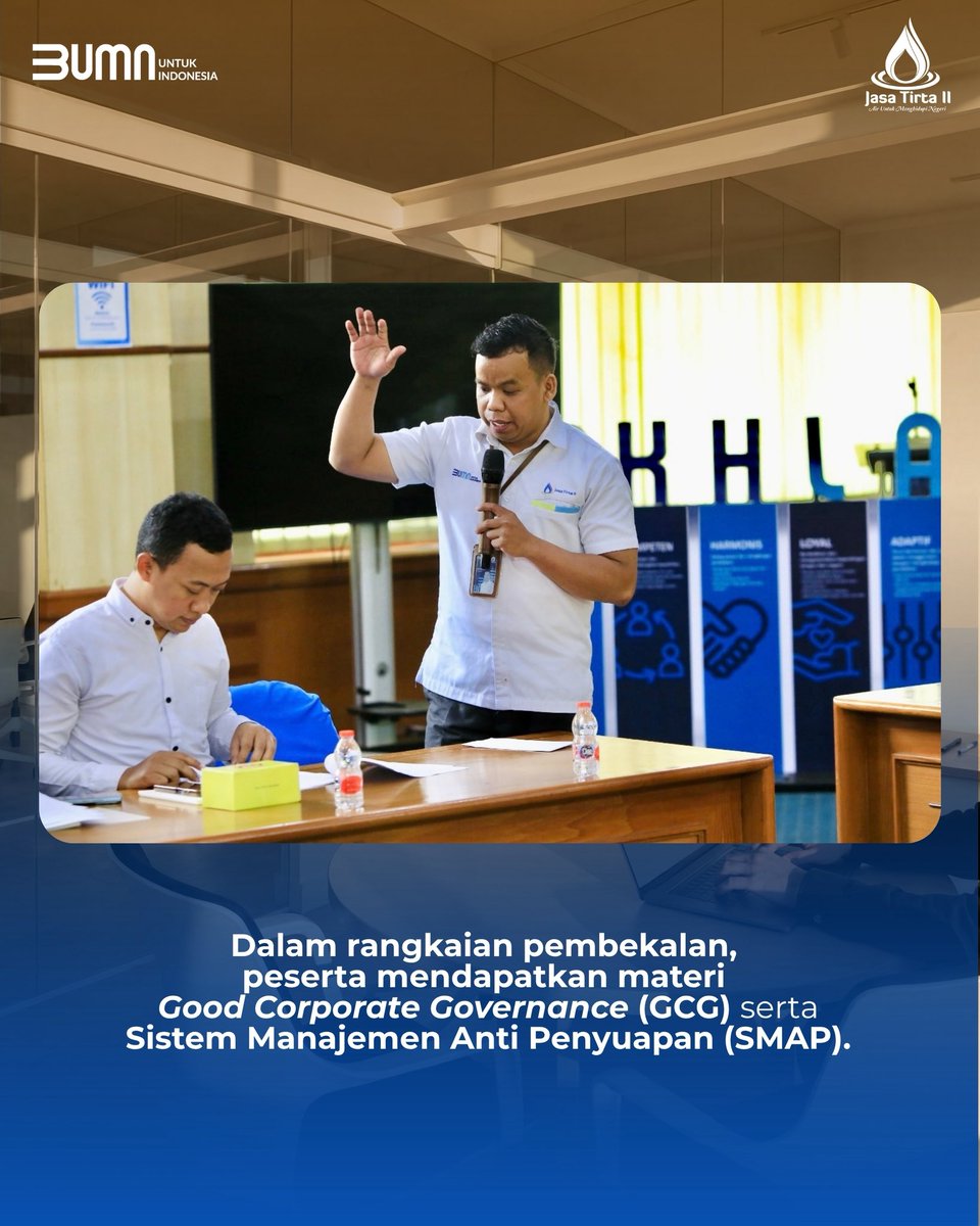 jasatirta_2's tweet photo. Pembekalan tersebut diharapkan dapat memperkuat pemahaman mengenai pentingnya tata kelola perusahaan yang baik, integritas, transparansi, akuntabilitas, serta budaya kerja yang bebas dari praktik penyuapan.

#JasaTirta2 #GoodCorporateGovernance #Integritas #TataKelolaPerusahaan https://t.co/jVUndSSZKZ