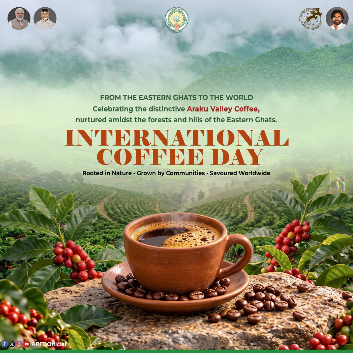 APFDOfficial's tweet photo. This #InternationalCoffeeDay, we celebrate Araku Valley Coffee, nurtured in the Eastern Ghats and grown by tribal communities.

From the Eastern Ghats to the world. 

#ArakuCoffee #ArakuValley #APForestDepartment https://t.co/VnyoOif3PJ