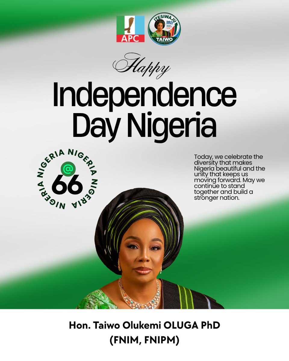 Oluga_MediaTeaM's tweet photo. Hon. Taiwo Olukemi Oluga PhD (@taiwooluga) felicitates with Nigerians on Independence Day, reaffirming her commitment to responsible representation, accountable leadership and people-centred service.

Happy Independence Day, Nigeria 🇳🇬

Welcome to October 🇳🇬

— Oluga Media Team https://t.co/FTk3ICuu05