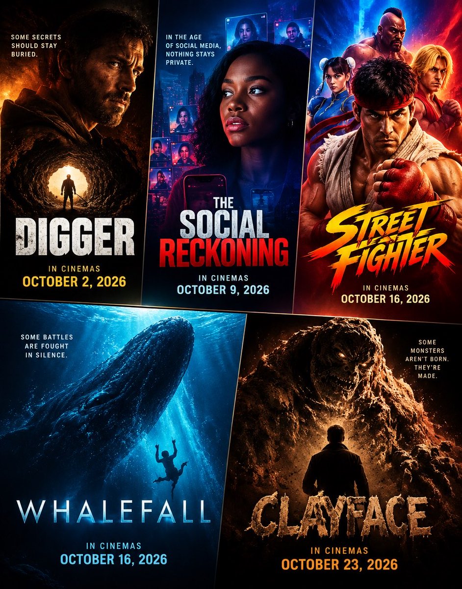 charlexzy11's tweet photo. October is bringing some big movies
Here are five October releases you definitely shouldn’t miss. 🎥

1. Digger (Oct. 2)
2. The Social Reckoning (Oct. 9)
3. Street Fighter (Oct. 16)
4. Whalefall (Oct. 16)
5. Clayface (Oct. 23) https://t.co/byTGVEfOc5