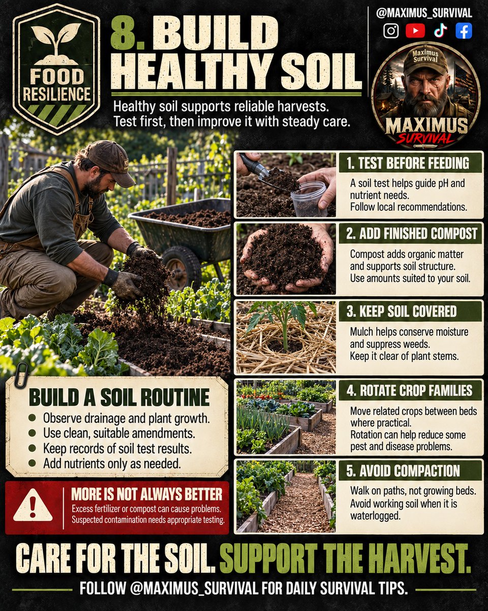 Maximus_Survive's tweet photo. 8️⃣ BUILD HEALTHY SOIL
Your harvest starts beneath your feet.
#FoodResilience #SoilHealth #Prepper #Preparedness #Composting #Mulching #VegetableGardening #Homesteading #GrowYourOwnFood #MaximusSurvival https://t.co/AeRLNbqT9R