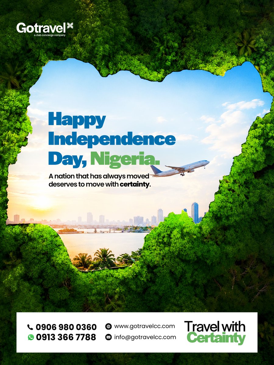 gotravelcc's tweet photo. Nigeria turns 66 today.

Movement is how business gets done. Deals, expansion, talent and opportunity all depend on it.

At GoTravelCC, we believe that movement should come with certainty.

Cost. Care. Control.

Happy Independence Day, Nigeria.

#GoTravelCC #IndependenceDay https://t.co/4KXdWOCUj2