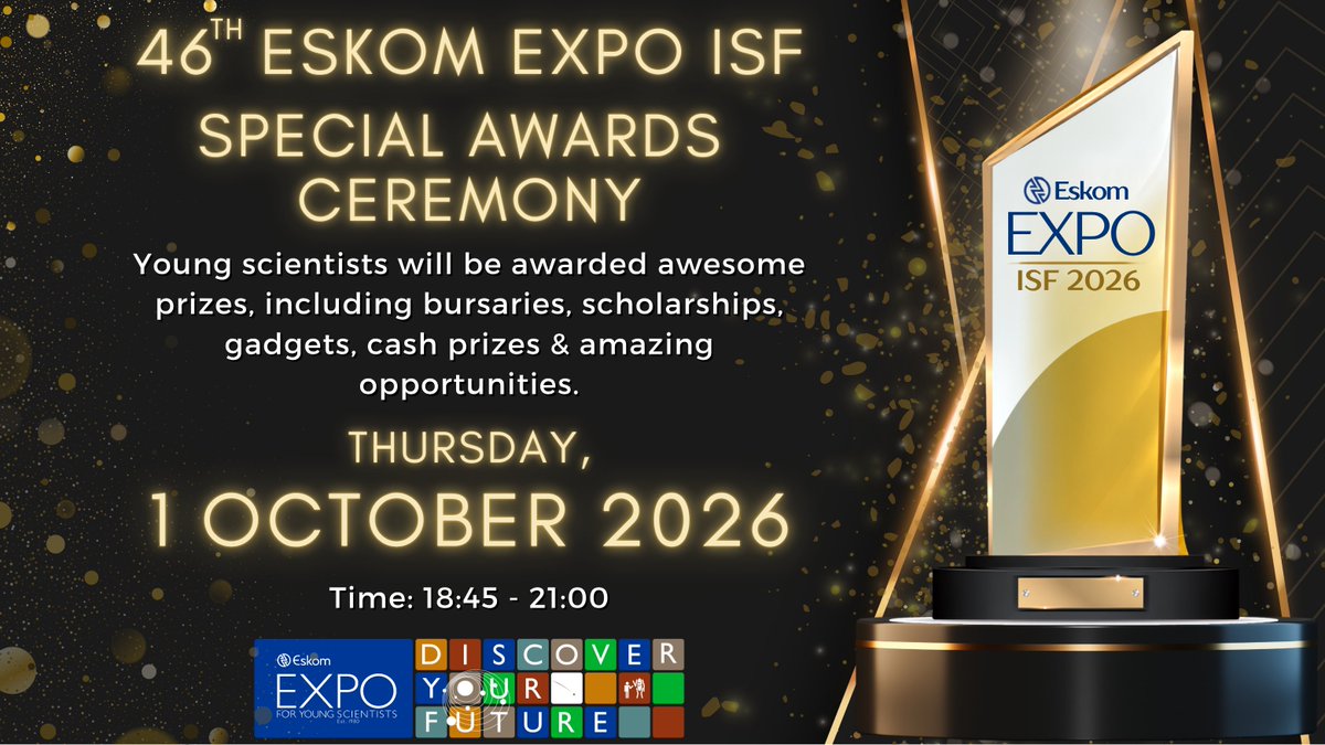 Exposcience's tweet photo. Today is another big day at the 2026 Eskom Expo International Science Fair (ISF)!
Members of the public are invited to join us at Birchwood Hotel and OR Tambo Conference Centre to meet the young scientists, explore their research and hear directly from them about the ideas and questions behind their projects.
Public Viewing: Thursday, 1 October | 15:00 to 17:00
Then, at 18:45, the spotlight turns to the Special Awards Ceremony, where we'll celebrate young scientists whose research has earned special recognition.
Can’t join us for the ceremony? Watch it live from 18:45:
- YouTube: https://t.co/itL8cGvfHU
- TikTok: https://t.co/3i4JAAW5KL
Come through, support our young scientists and be part of ISF 2026!
#EskomExpoISF #DiscoverEskomExpo #SpecialAwards #PublicViewing #YoungScientists